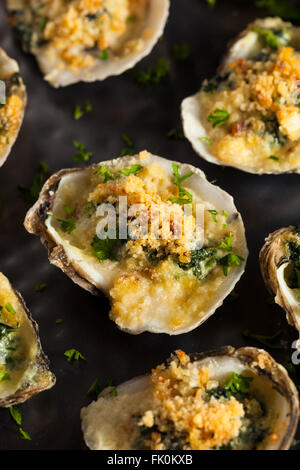 Homemade Creamy Oysters Rockefeller with Cheese and Spinach Stock Photo