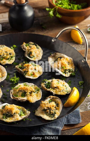 Homemade Creamy Oysters Rockefeller with Cheese and Spinach Stock Photo