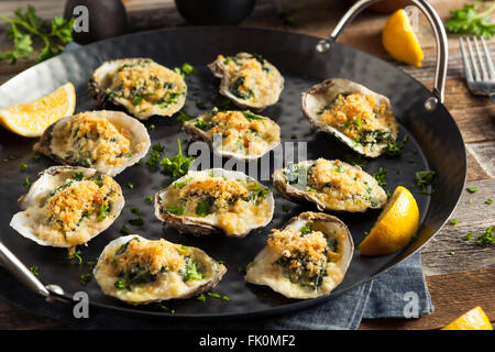 Homemade Creamy Oysters Rockefeller with Cheese and Spinach Stock Photo