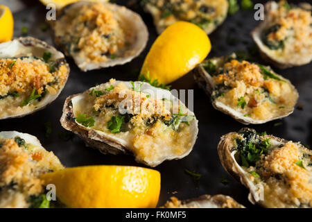 Homemade Creamy Oysters Rockefeller with Cheese and Spinach Stock Photo