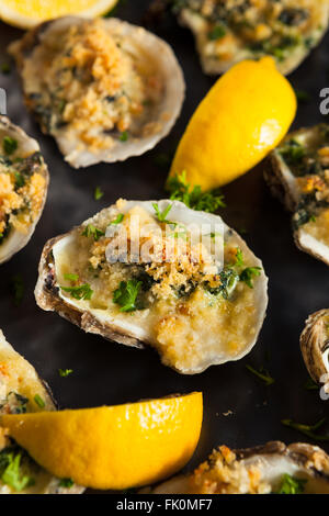 Homemade Creamy Oysters Rockefeller with Cheese and Spinach Stock Photo