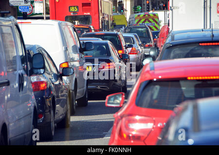 London, UK, 4 March 2016, heavy traffic congestion on Vauxhall Bridge. Stock Photo