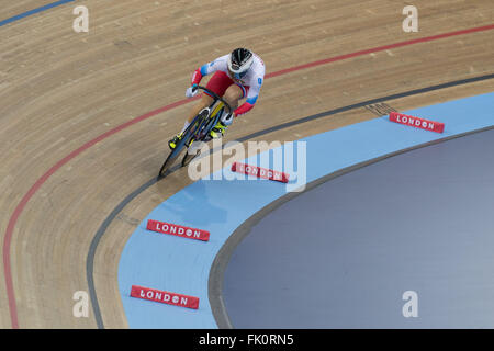 London, UK. 4th Mar, 2016. Anastasia Voinova of Russia competes during the Women's 500m Time Trial Final at the UCI 2016 Track Cycling World Championships in London, Britain on March 4, 2016. Anastasia Voinova won the gold medal. © Richard Washbrooke/Xinhua/Alamy Live News Stock Photo