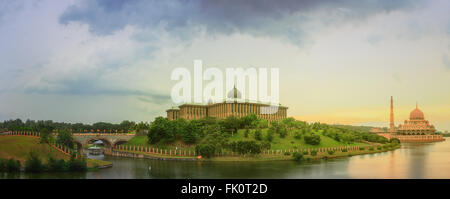 Sunset over Putrajaya Mosque and Panorama of Kuala Lumpur Stock Photo