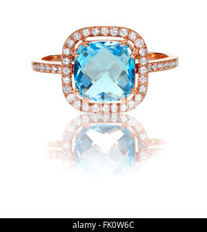 Beautiful Blue Topaz and diamond Rose Gold Halo Ring Cushion Cut with a square princess style setting Stock Photo