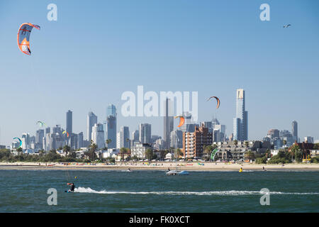 Kitesurfers at St. Kilda Beach in Melbourne, Australia. Stock Photo