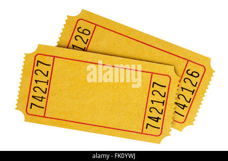 Two blank yellow movie tickets isolated on a white background. Stock Photo