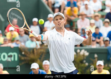 Melbourne, Australia. 5th Mar, 2016. Mike Bryan of USA in action against Lleyton Hewitt and John Peers of Australia during the doubles match of the BNP Paribas Davis Cup World Group first round tie between Australia and USA at Kooyong tennis club in Melbourne, Australia. Sydney Low/Cal Sport Media/Alamy Live News Stock Photo