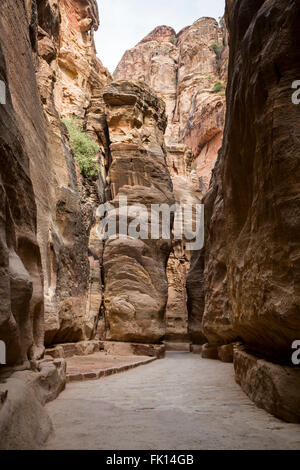The narrow Siq passage entrance to the ruins of Petra, Hashemite Kingdom of Jordan, Middle East. Stock Photo
