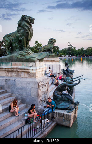 A nude female sculpture by the lake in Retiro Park in Madrid, Spain