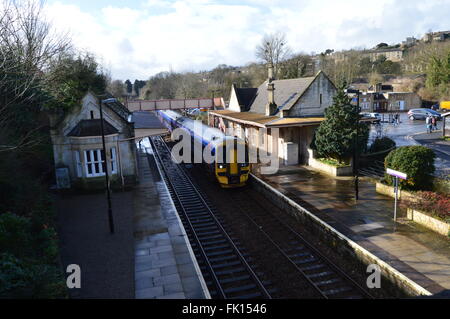 A Great Western train at railway station in Bradford on Avon, Wiltshire, England, United Kingdom Stock Photo