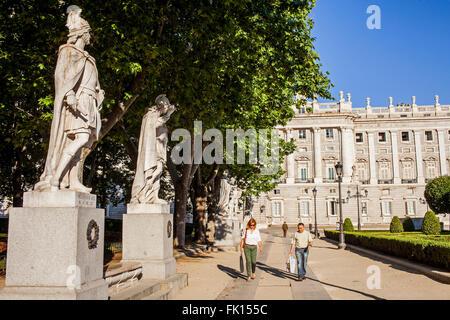 Plaza de Oriente, in background Palacio Real (Royal Palace) of Madrid, . Madrid, Spain Stock Photo