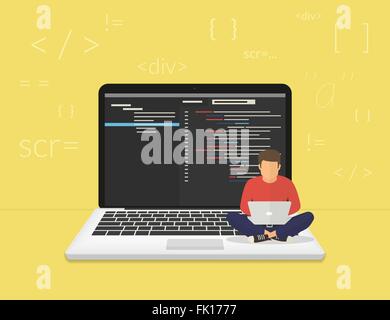 Young programmer man character coding and listenning music. Vector flat ...