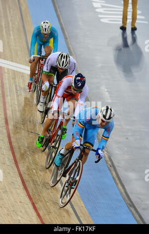 London, UK. 04th Mar, 2016. Kenny De Ketele (BEL) racing hard and closely followed by Raman Ramanau (BLR), Sam Welsford (AUS) and Nikita Panassenko (KAZ) during the Men's Points Race Final at the UCI 2016 Track Cycling World Championships, Lee Valley Velo Park. De Ketele came third in the race with Ramanau 6th, Welsford 7th and Panassenko 10th. Credit:  Michael Preston/Alamy Live News Stock Photo