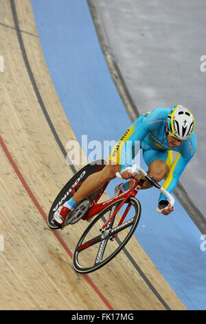 London, UK. 04th Mar, 2016. Nikita Panassenko (KAZ) riding hard during the Men's Points Race Final at the UCI 2016 Track Cycling World Championships, Lee Valley Velo Park. Panassenko finished in 10th place in the 160 lap race. Credit:  Michael Preston/Alamy Live News Stock Photo