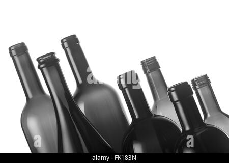 Collection of eight different types of wine bottles isolated on white background Stock Photo