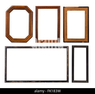 Set of five old wooden frames isolated on white Stock Photo