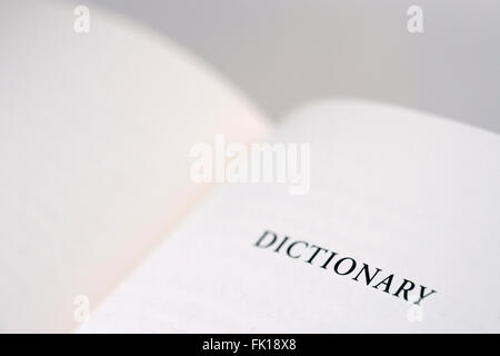 An open book with the word dictionary reading on the right page, copy space available. Stock Photo