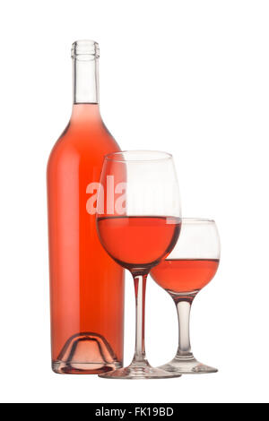 Vertical front view of an open rose wine bottle next to a pair of filled up wine glasses. Isolated on white background. Stock Photo