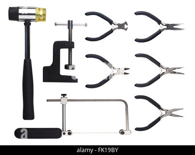 Set of working tools with black handles, isolated on white background Stock Photo
