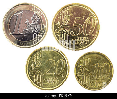 Euro coins: one euro, fifty cents, twenty cents, ten cents