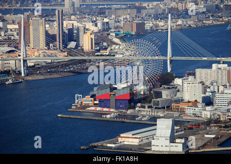 Japan, Osaka, Bay Area, aerial view, Ferris Wheel; Tempozan Harbor Village; Tempozan Ohashi Bridge; Stock Photo