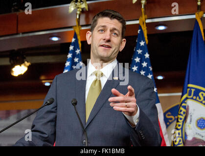 The Speaker of the United States House of Representatives Paul Ryan (Republican of Wisconsin) holds his weekly press briefing in the US Capitol in Washington, DC on Thursday, March 3, 2016. Photo: Ron Sachs/CNP - NO WIRE SERVICE - Stock Photo