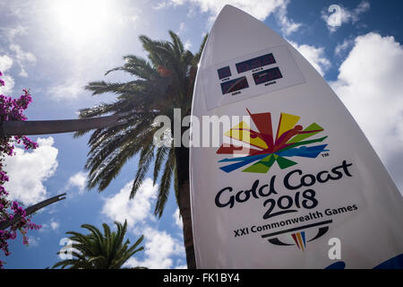 A sign in the shape of a surfboard showing the time remaining until the 2018 Commonwealth Games commence in Gold Coast, Queensland, Australia. Stock Photo