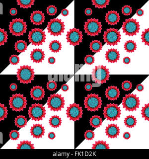 Geometric seamless pattern background with colored stylized flowers and triangles motifs in black and white colors. Stock Photo