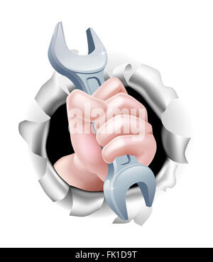 Conceptual illustration of a hand holding a spanner breaking through the background Stock Photo