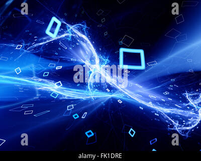 Blue glowing flying squares with plasma in space, computer generated abstract background Stock Photo