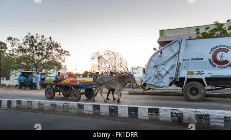 Ox and cart pulling fruit and veg along the Old Mamallapuran Road near Chennai past a rubbish truck and a roadside food stall Stock Photo