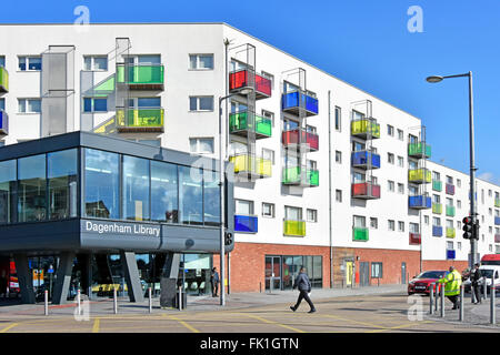 New Dagenham Library & partnership development 82 homes in apartments block Heathway in old Becontree Estate housing area East London England UK Stock Photo