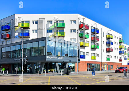 Becontree Estate new modern council public library built in a partnership development of 82 new homes in apartment blocks in Barking and Dagenham UK Stock Photo