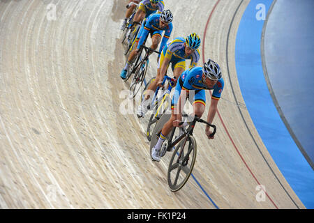 London, UK. 5th March, 2016. Riders warming up before the 10th session at the UCI 2016 Track Cycling World Championships, Lee Valley Velo Park. Credit:  Michael Preston/Alamy Live News Stock Photo