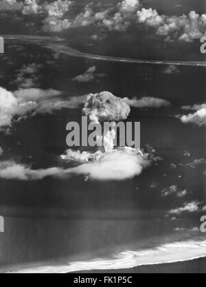 Mushroom cloud from Operation Crossroads nuclear weapons test at Bikini Atoll, Marshall Islands, Pacific Ocean in July 1946. Stock Photo