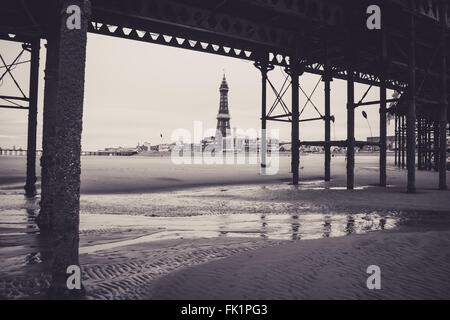 Central Pier, Blackpool.  Taken from underneath to show the structural build.  Blackpool Tower can be seen. Stock Photo