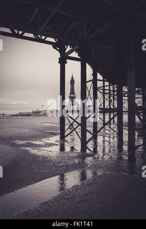 Central Pier, Blackpool.  Taken from underneath to show the structural build.  Blackpool Tower can be seen. Stock Photo