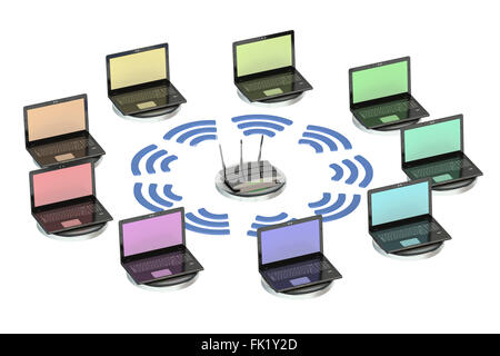 network computing concept with router and laptops Stock Photo