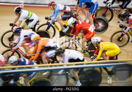 London, UK. 5th Mar, 2016. Luo Xiaoling of China competes in the Women's Omnium Elmination Race at the UCI 2016 Track Cycling World Championships in London, Britain on March 5, 2016. Credit:  Richard Washbrooke/Xinhua/Alamy Live News Stock Photo