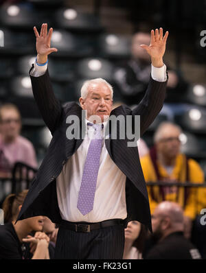 Indianapolis, IN. USA. 05th Mar, 2016. Northwestern Wildcats head coach Joe McKeown coaches from the bench in the first quarter in semifinal action during the Big Ten Conference women basketball tournament between Northwestern and Maryland at the Banker's Life Fieldhouse in Indianapolis, IN.Maryland 83, Northwestern 62.Mark Davis/Cal Sport Media/Alamy Live News Stock Photo