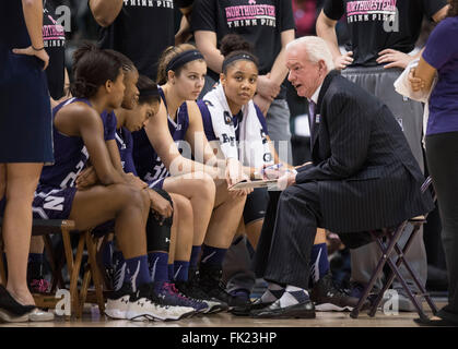 Indianapolis, IN. USA. 05th Mar, 2016. Northwestern Wildcats head coach Joe McKeown leads his team in a fourth quarter timeout in semifinal action during the Big Ten Conference women basketball tournament between Northwestern and Maryland at the Banker's Life Fieldhouse in Indianapolis, IN.Maryland 83, Northwestern 62.Mark Davis/Cal Sport Media/Alamy Live News Stock Photo