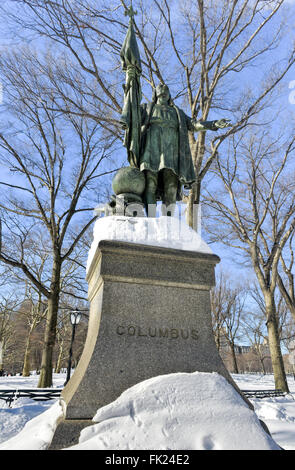 Statue of Christopher Columbus in Central Park, New York City, from 1892 in the winter. Stock Photo