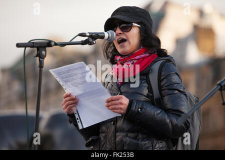 London, UK. 5th March, 2016. Mona of 8th March, a women's organisation focused on Iran and Afghanistan, addresses the 'Million Women Rise' rally against domestic violence in Trafalgar Square. Credit:  Mark Kerrison/Alamy Live News Stock Photo