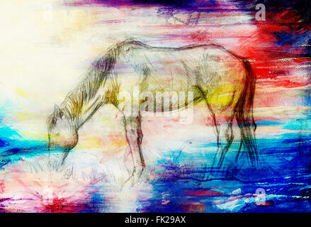 Draw pencil horse on old paper, vintage paper and old structure with color spots Stock Photo