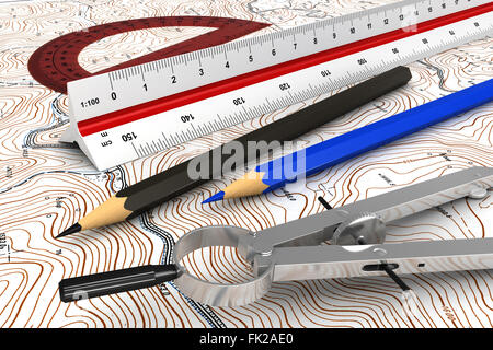 3d render of engineering tools over topographic map Stock Photo