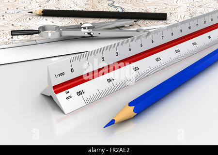 3d render of engineering tools over topographic map Stock Photo