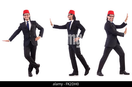Man wearing fez hat isolated on white Stock Photo