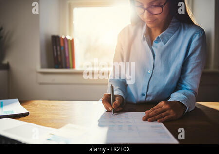 Single woman in blue blouse working at desk on paperwork in home office with sunlight over her shoulder through window Stock Photo