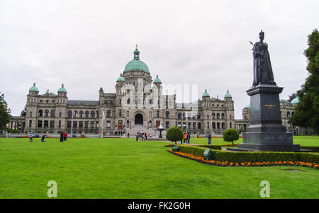 British Columbia Parliament Building and statue of Queen Victoria on an overcast day. Victoria, British Columbia, Canada. Stock Photo